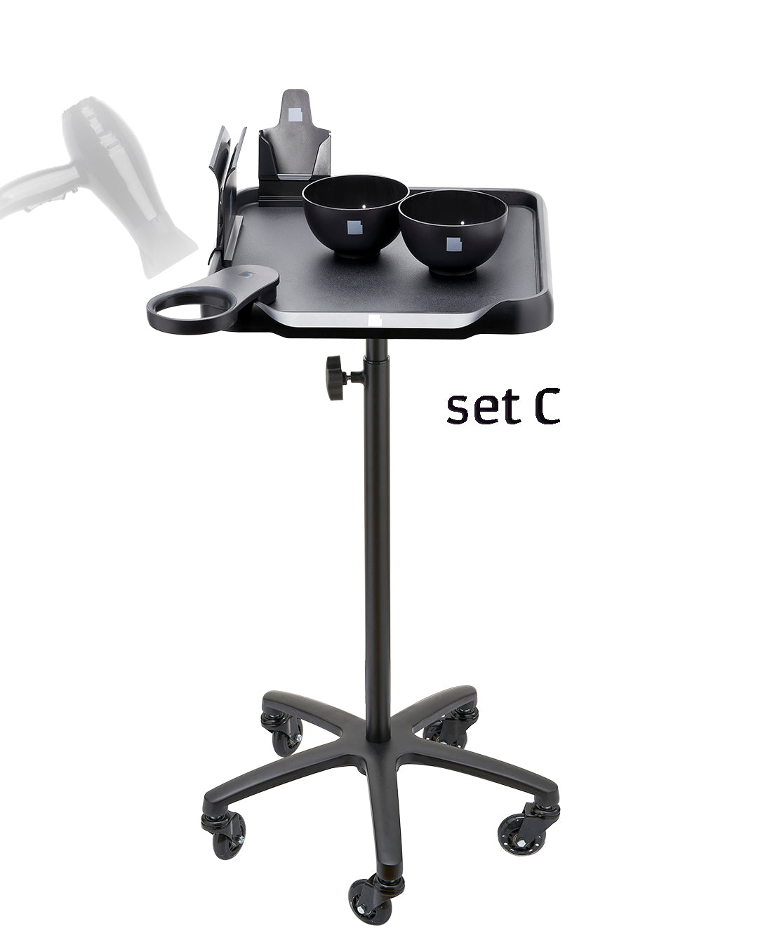LEVSHAassistant Set C rolling salon color tray with classic hair dryer holder, two magnetic color bowls and side assistant for professional colorists