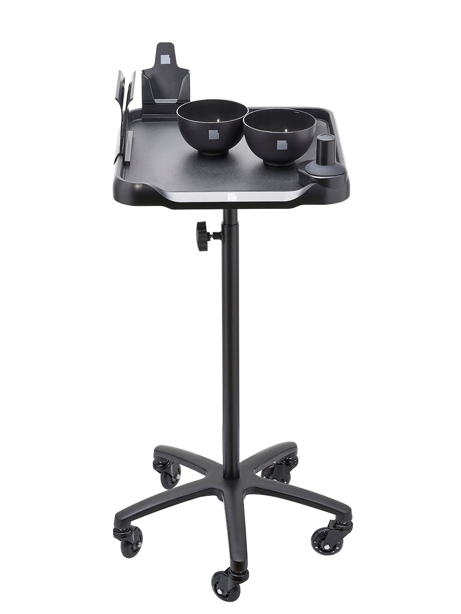 LEVSHAssistant Set D rolling color tray – black salon workstation table on wheels with two magnetic color bowls, phone holder and Dyson-compatible hair dryer holder for balayage and airtouch