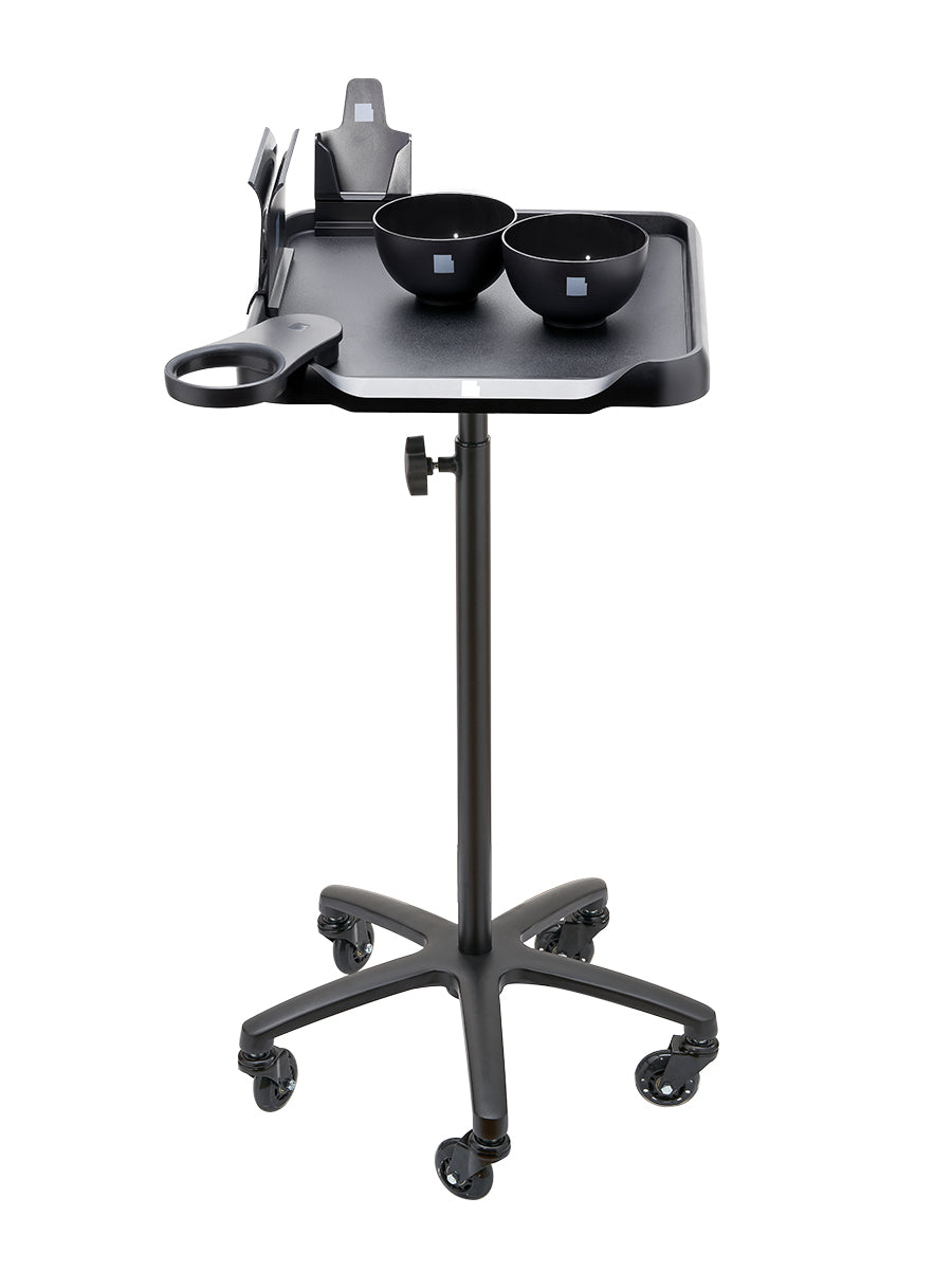 LEVSHAassistant Set C rolling color tray – black salon workstation table on wheels with two magnetic color bowls, classic professional hair dryer holder, phone holder and brush organizer for balayage, airtouch and highlights