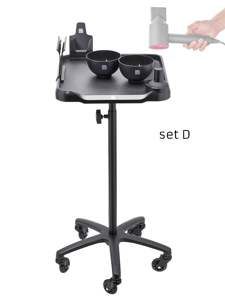 LEVSHAssistant Set D – rolling color tray workstation for balayage and airtouch with table, Dyson-compatible hair dryer holder and two magnetic color bowls