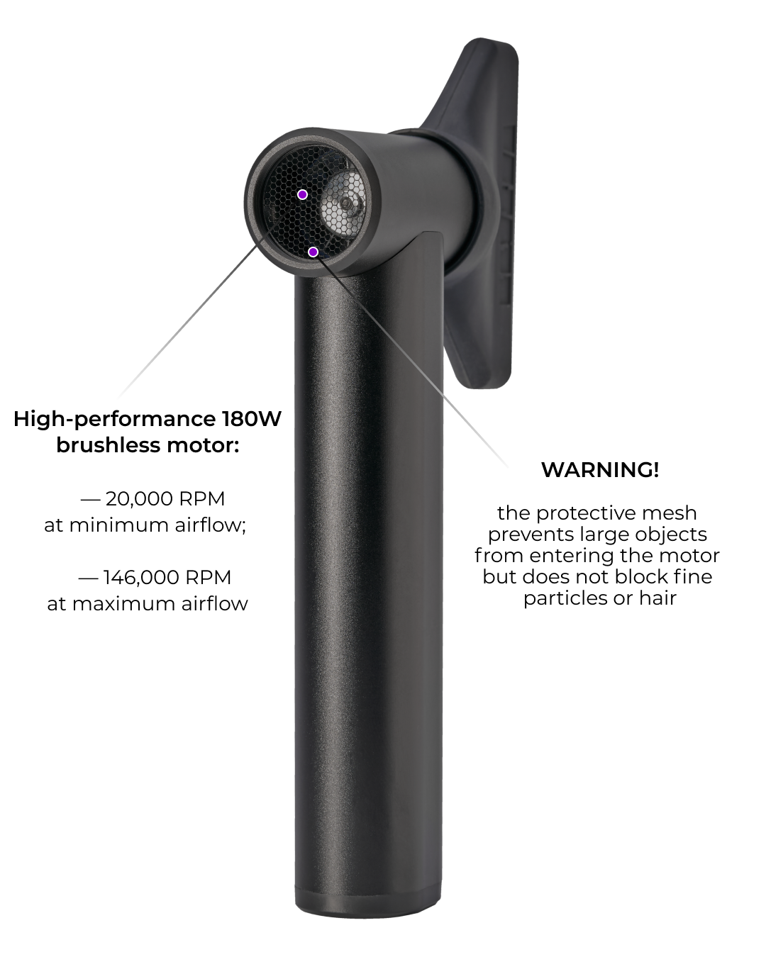 LEVSHA airPRO cordless (wireless) cold-air strand blow-out tool — 180W brushless motor, 20,000 RPM low airflow and 146,000 RPM max airflow, protective mesh warning