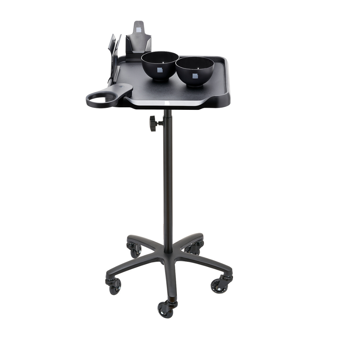 LEVSHAassistant Set C rolling color tray – black salon workstation table on wheels with two magnetic color bowls, classic professional hair dryer holder, phone holder and brush organizer for balayage, airtouch and highlights