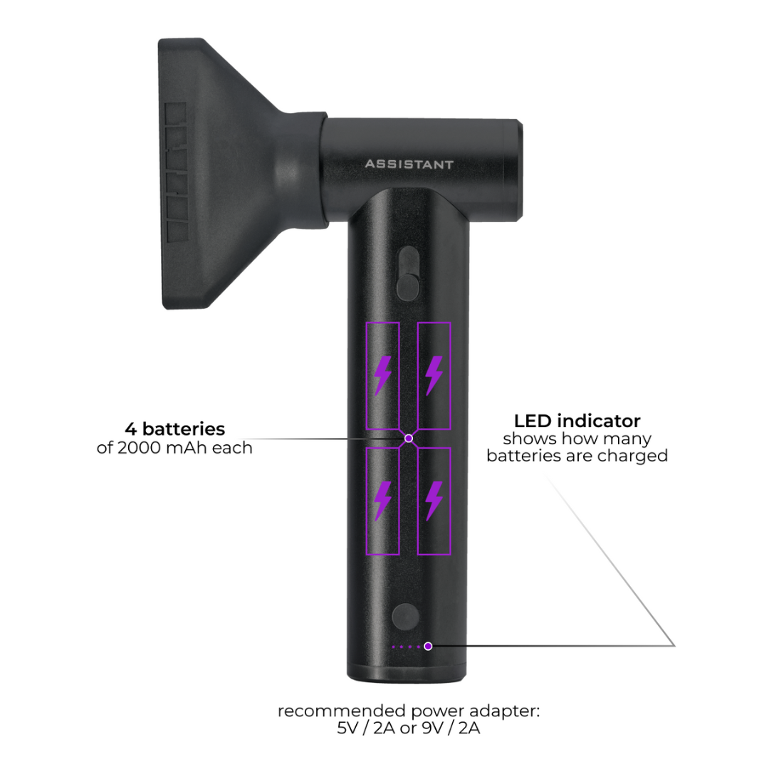 LEVSHA airPRO cordless (wireless) cold-air strand blow-out tool with 4×2000 mAh batteries, LED battery indicator, recommended power adapter 5V/2A or 9V/2A