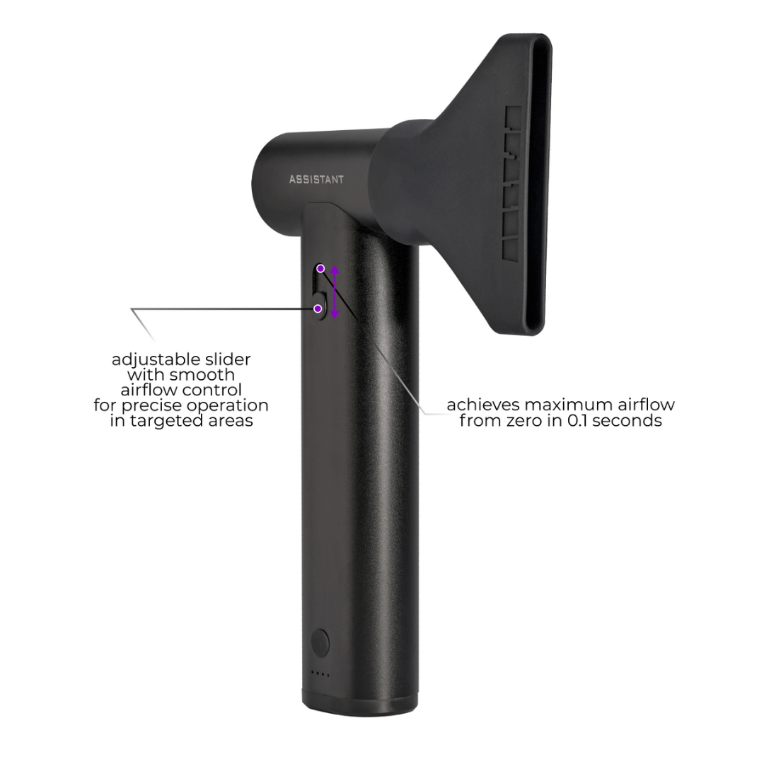 LEVSHA airPRO wireless (cordless) cold-air strand blow-out tool with adjustable slide airflow control, reaches maximum airflow in 0.1 seconds