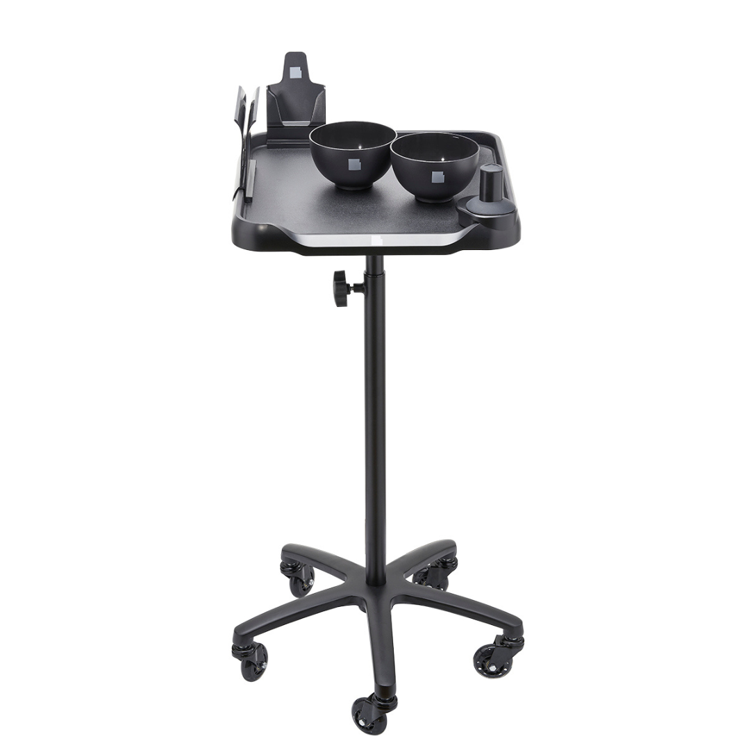 LEVSHAssistant Set D rolling color tray – black salon workstation table on wheels with two magnetic color bowls, phone holder and Dyson-compatible hair dryer holder for balayage and airtouch